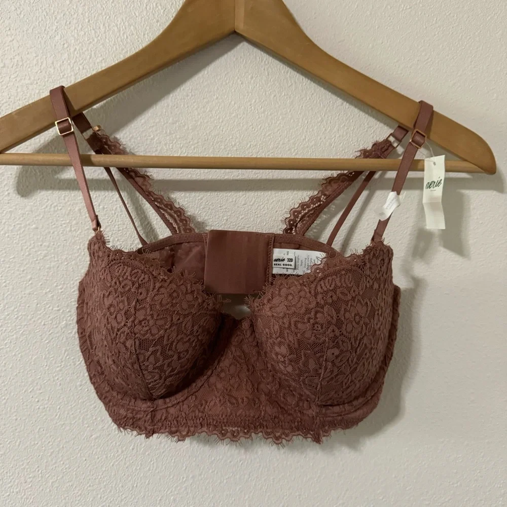 Aerie Real Power Balconette Lightly Lined Eyelash Lace Bra Mauve 2022 NWT-32D